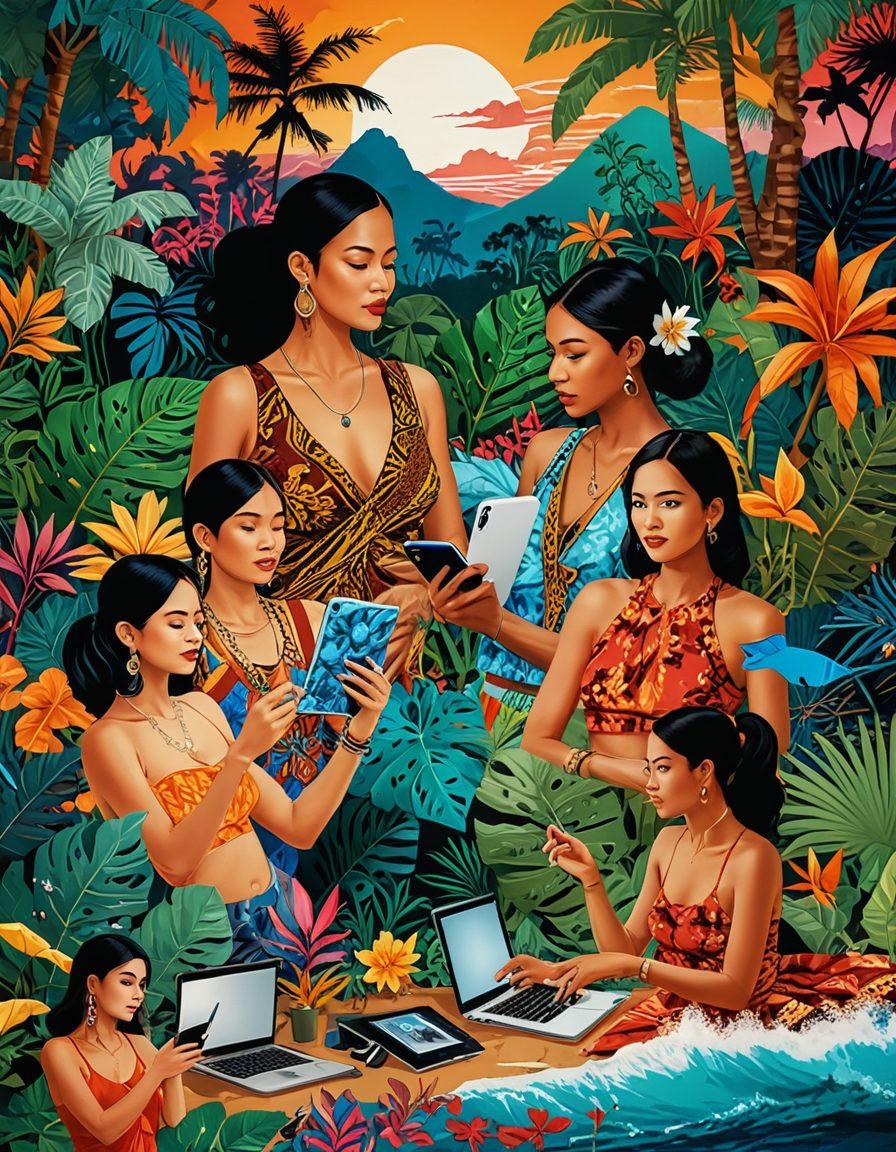 A visually striking collage showcasing a diverse group of individuals engaged in streaming on various devices, surrounded by artistic depictions of iconic adult film scenes and independent gems. The background should reflect Indonesia's vibrant culture with elements like traditional batik patterns and tropical landscapes. Add abstract musical notes to symbolize the rhythm of the adult film industry. The color palette should be bold and playful, capturing the essence of exploration and discovery. super-realistic. vibrant colors. tropical theme.