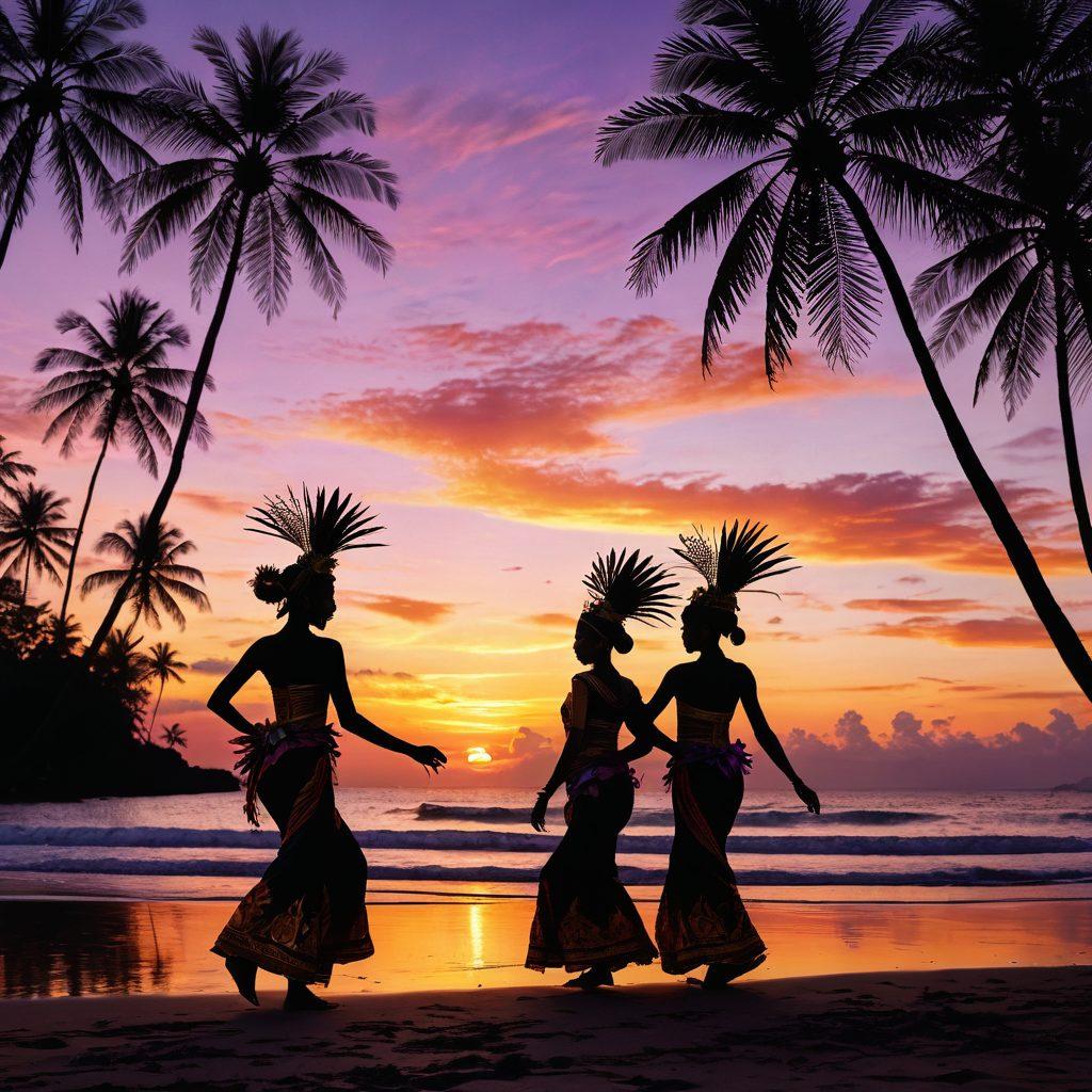 A vibrant and exotic landscape showcasing a tropical Indonesian beach at sunset, with silhouettes of palm trees swaying in the gentle breeze. In the foreground, a tasteful hint of sensuality with artistic representations of traditional Indonesian dance forms, emphasizing fluid movements and vibrant costumes. The atmosphere conveys a mix of allure and cultural richness, inviting exploration into the realm of Indonesian adult entertainment. super-realistic. vibrant colors. tropical theme.